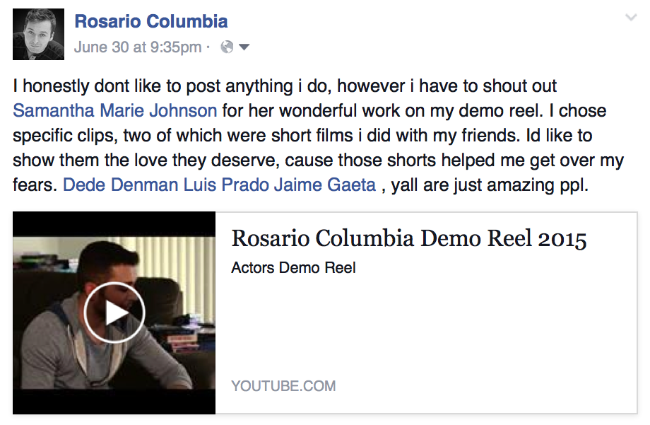 Screenshot of social media post about demo reel and film clips.