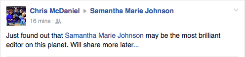 Social media post praising an editor's work with positive feedback.