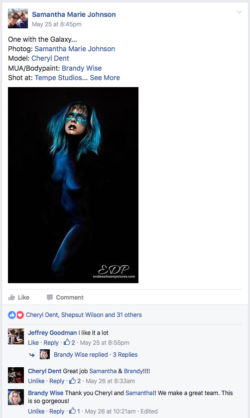Artistic blue-tinted portrait photo post with social media engagement and comments.