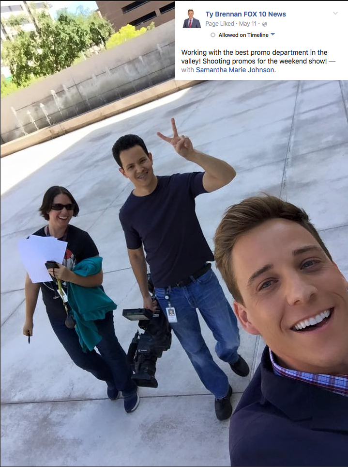 A selfie of three people working together at a film shoot outdoors.