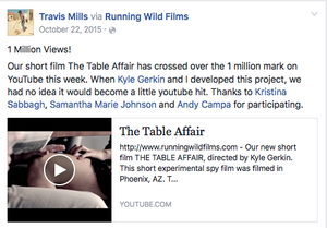 A social media post about The Table Affair short film reaching 1 million views on YouTube.