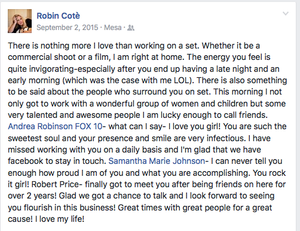 A heartfelt Facebook post about working on film sets and maintaining industry friendships.