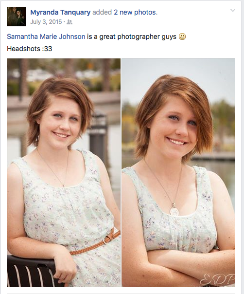 Professional headshot portraits of someone wearing a floral top against an outdoor background.