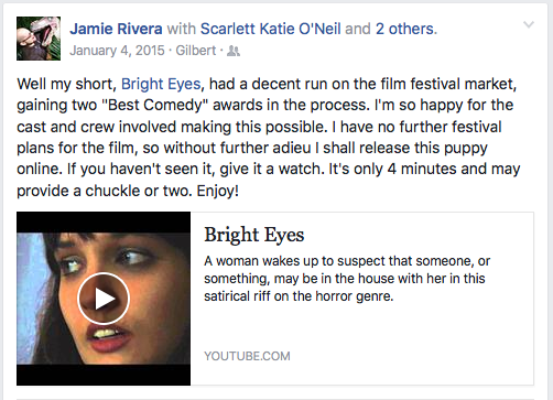 A film festival promotional post for the short film Bright Eyes featuring an animated eye graphic.