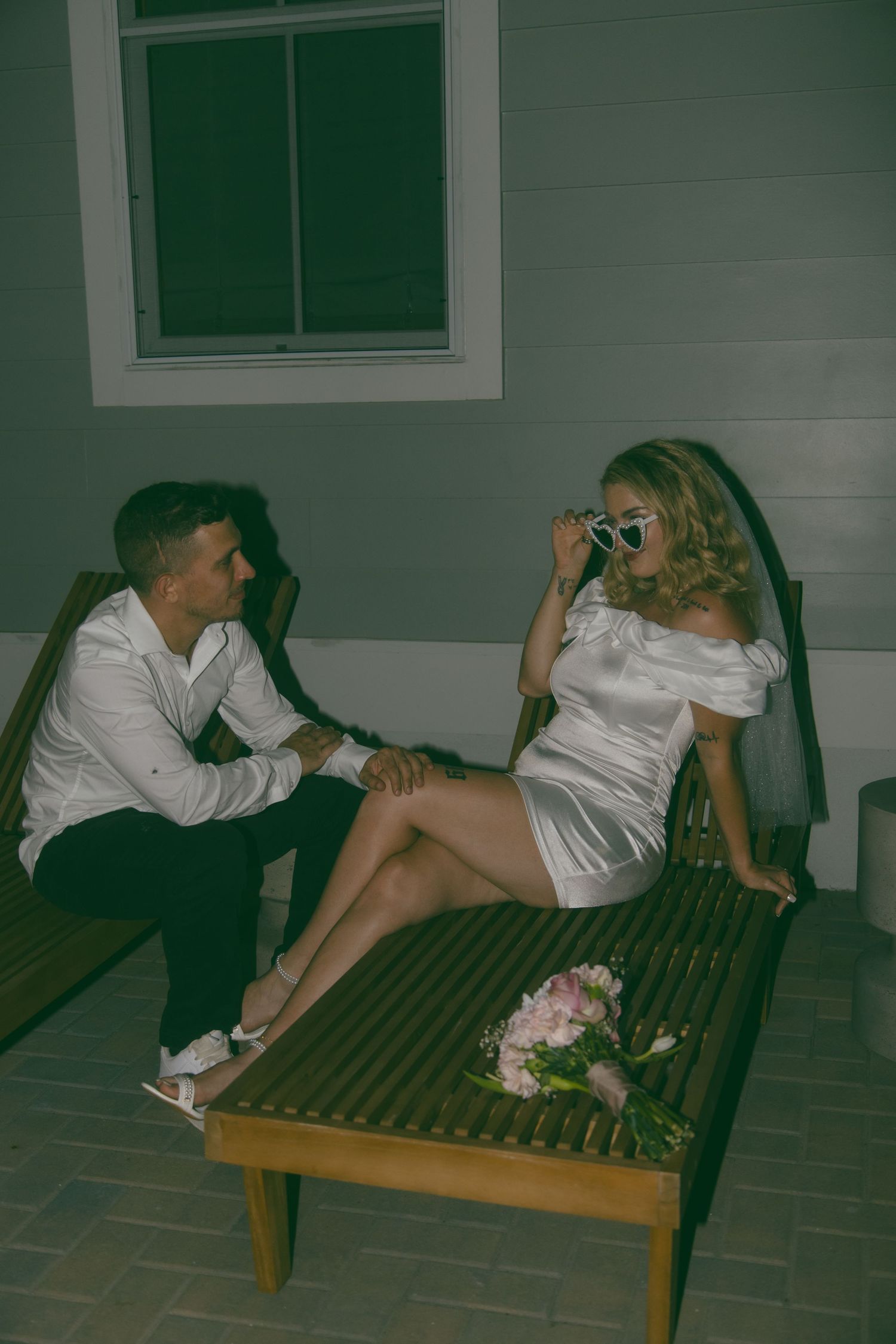 bride and groom just married eloped afterparty by pool cute vintage