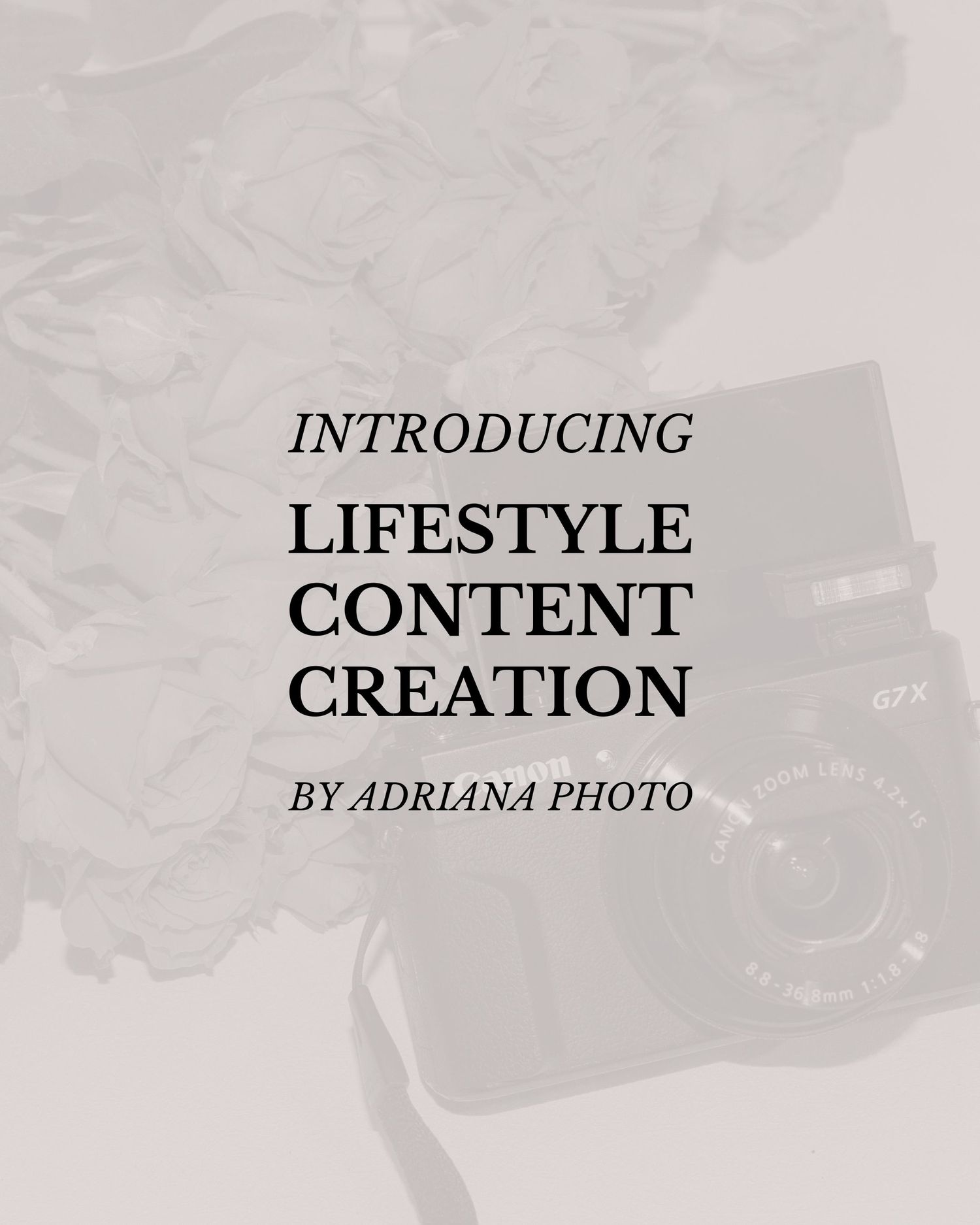 Minimalist graphic design featuring 'Introducing Lifestyle Content Creation by Adriana Photo' text on gray textured background.