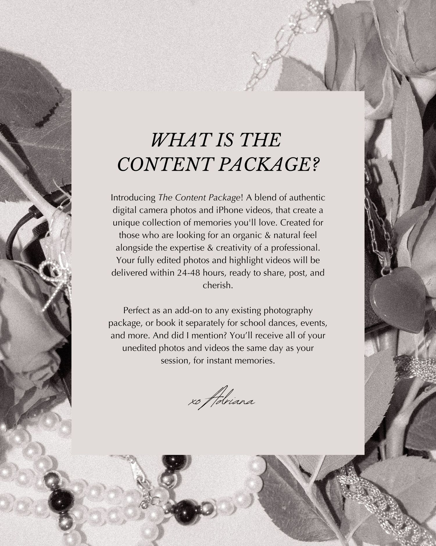 Black and white page with text explaining content package details alongside decorative beaded necklace and leaves.
