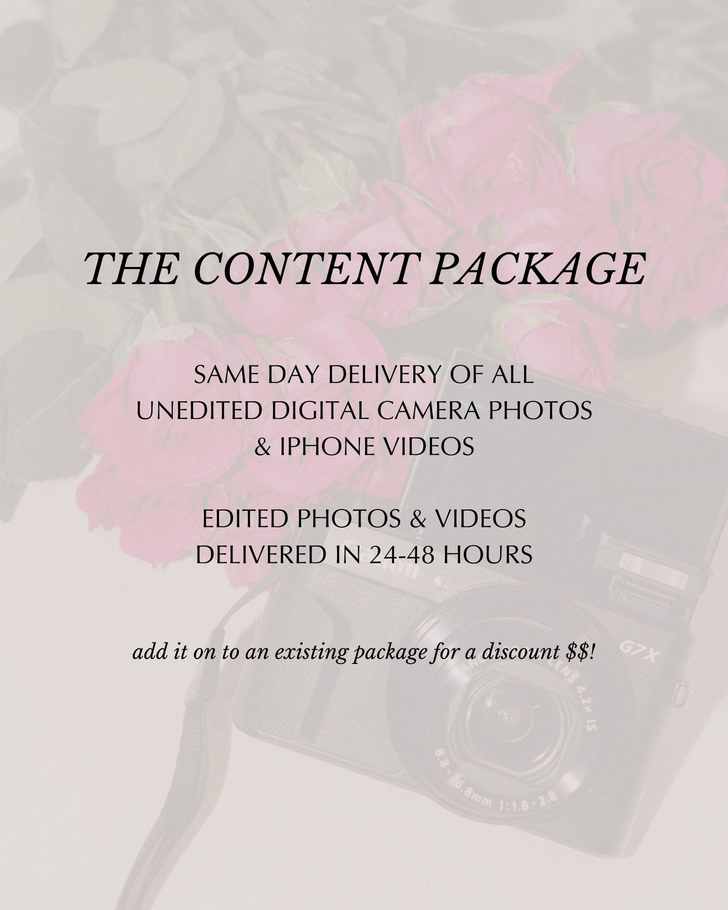 A vintage camera overlaid with text advertising same-day photo delivery services and editing packages.