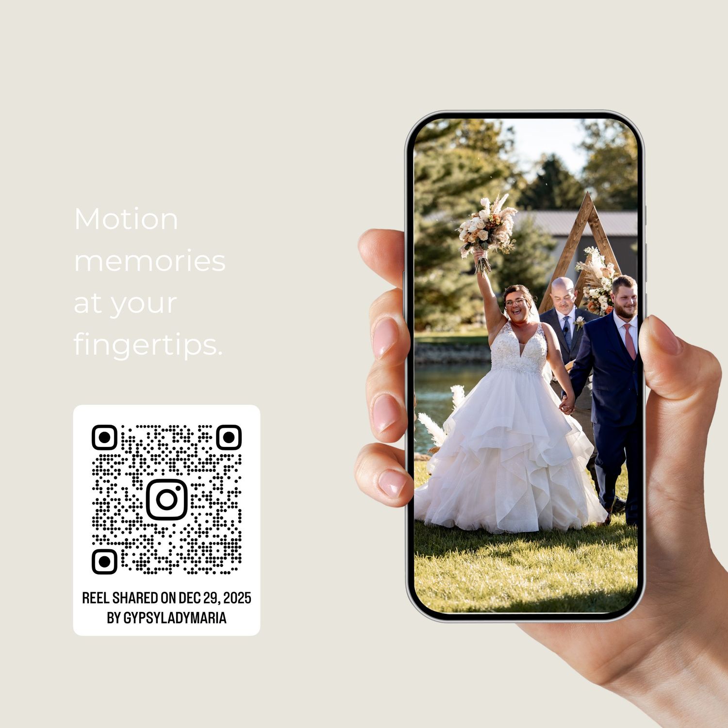 Mobile phones displaying QR codes and wedding photos in hands against white and outdoor backgrounds.