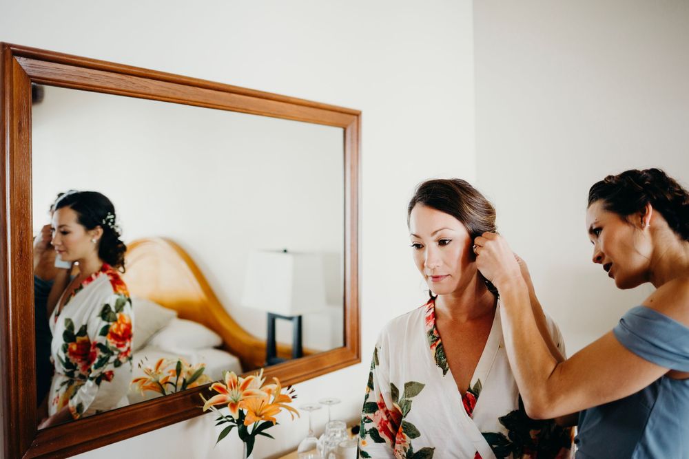 A series of wedding preparation moments shown in multiple connected photos with people getting ready.