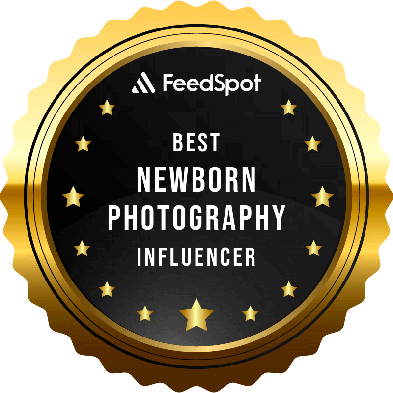 Gold circular badge for Best Newborn Photography Influencer from FeedSpot.