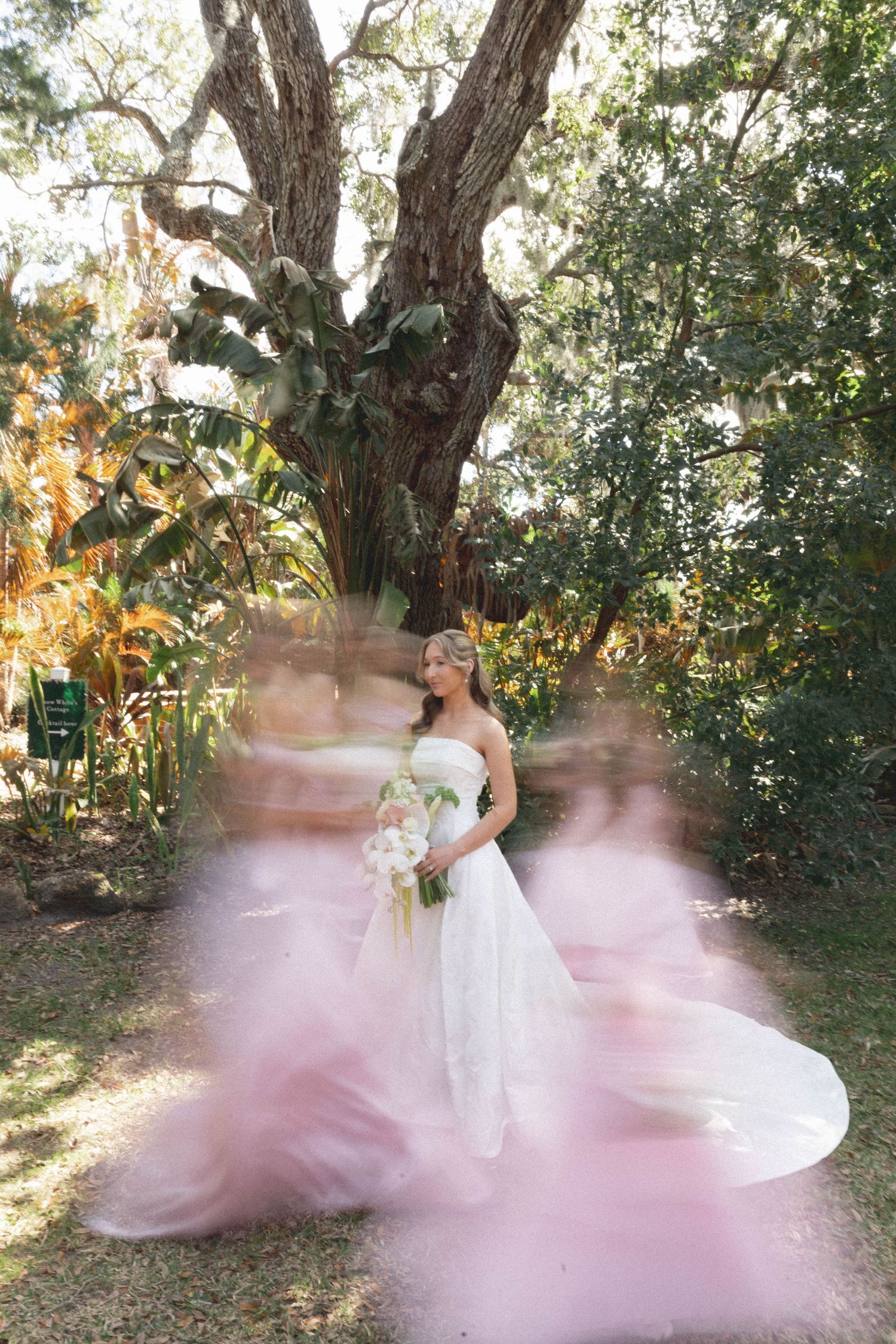 A series of wedding preparation photos showing a bride in a white dress getting ready in a dimly lit room.