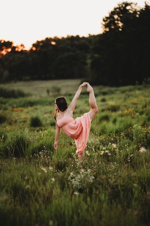 A person in a pink dress twirls gracefully through a wildflower meadow at sunset.