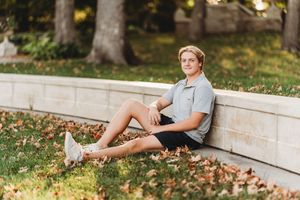 A series of photos showing someone sitting on stone steps outdoors surrounded by autumn leaves and natural lighting.