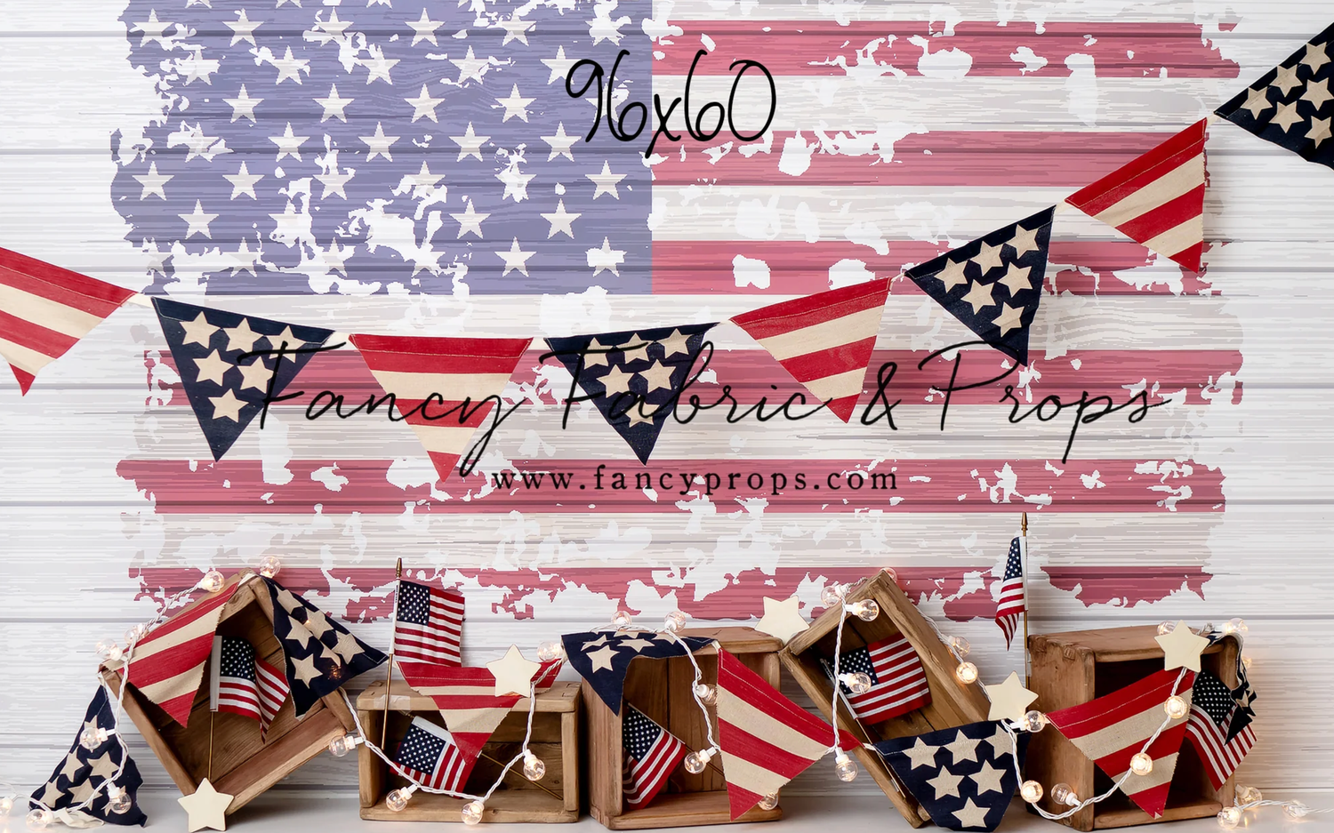 Patriotic American flag decor with rustic wooden background and star-spangled banner bunting for Independence Day celebration.