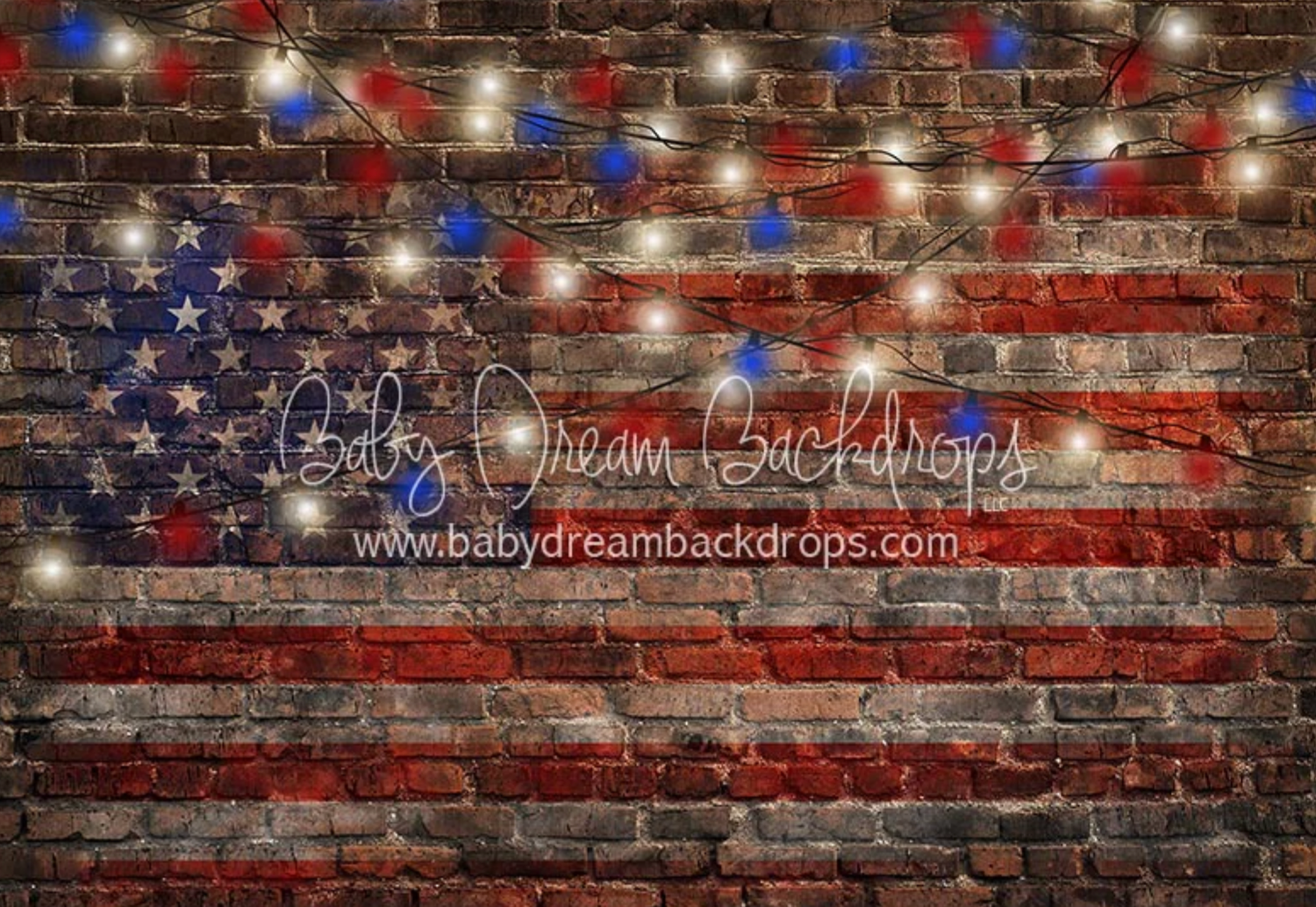 American flag pattern overlaid on rustic brick wall with glowing string lights creating a patriotic ambiance.