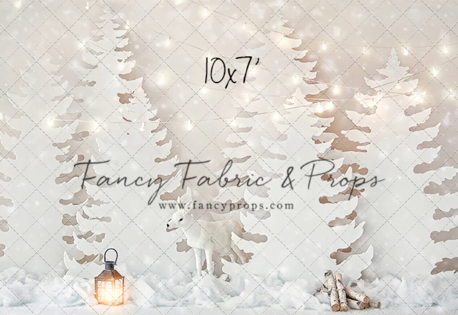 Winter forest scene backdrop with watercolor pine trees and lantern in soft beige and gray tones.