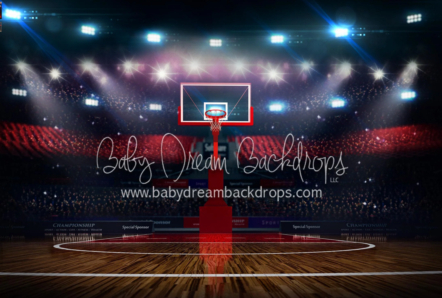 Indoor basketball arena with illuminated court, stadium seating, and dramatic red lighting effects in the background.