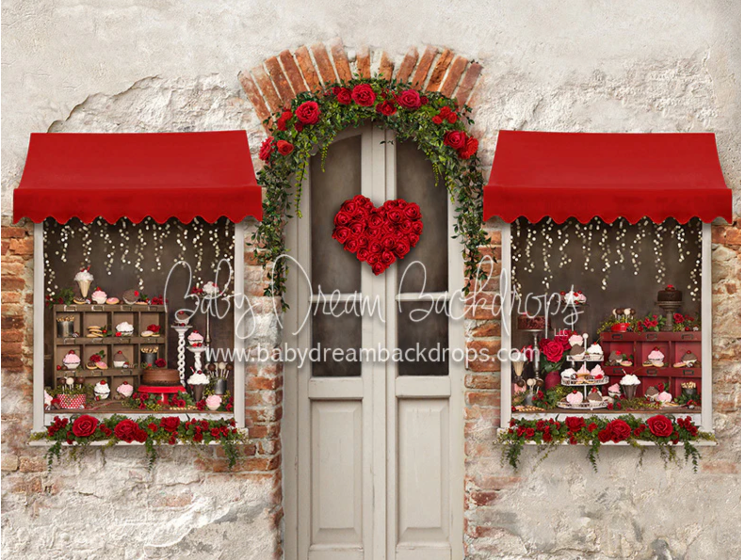 Rustic stone building facade with red awnings and festive Christmas decorations featuring wreaths and garlands.