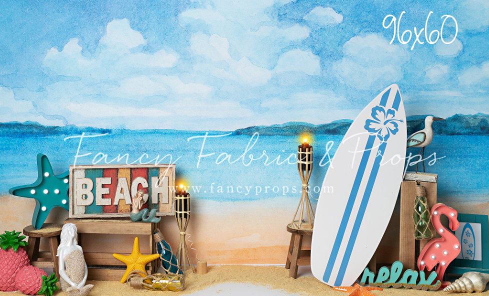 Summer beach scene with surfboards, shells, and tropical decor against a blue sky and ocean background.