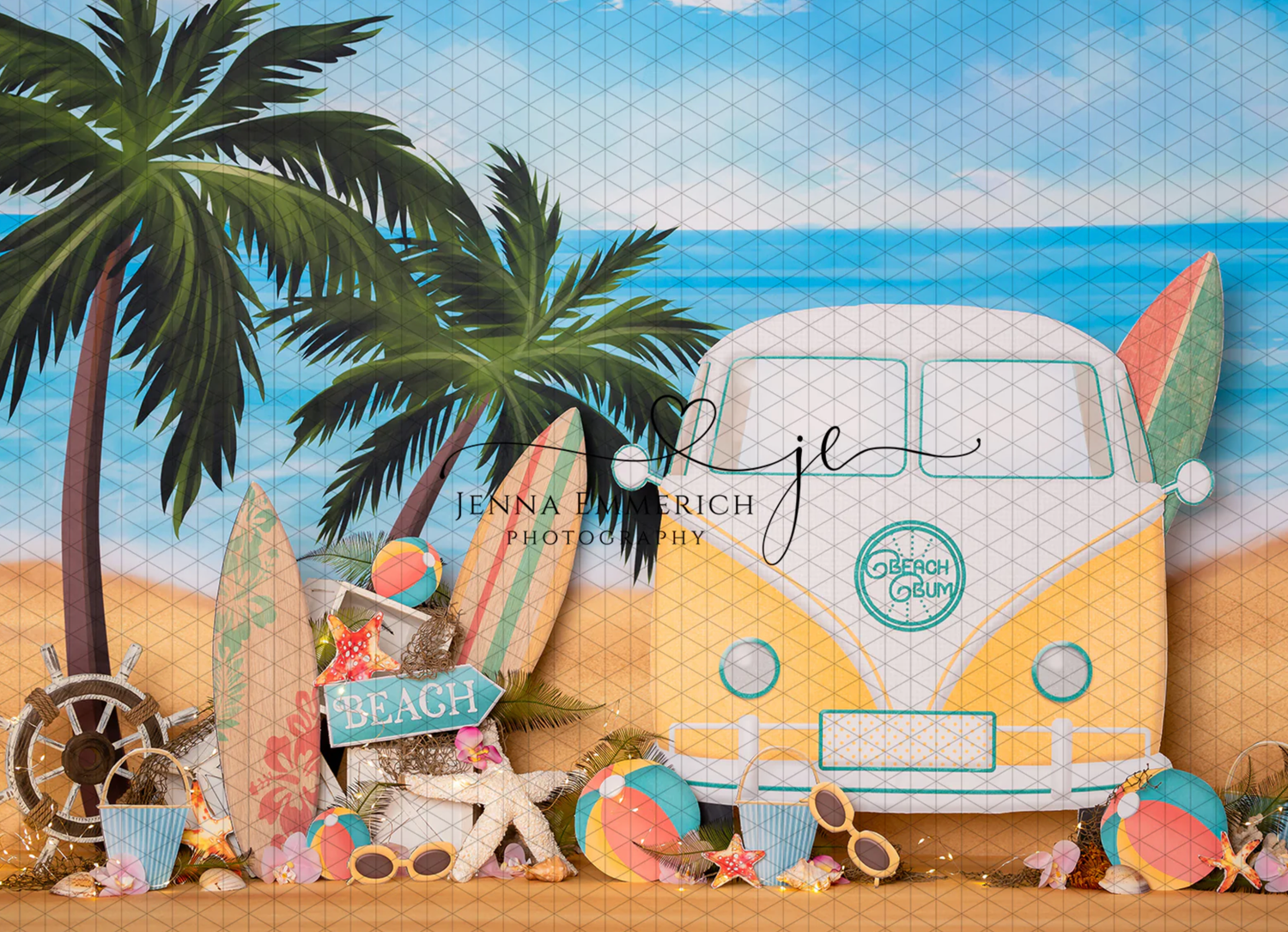 A colorful beach-themed mural featuring surfboards, palm trees, and tropical elements painted on a wall.