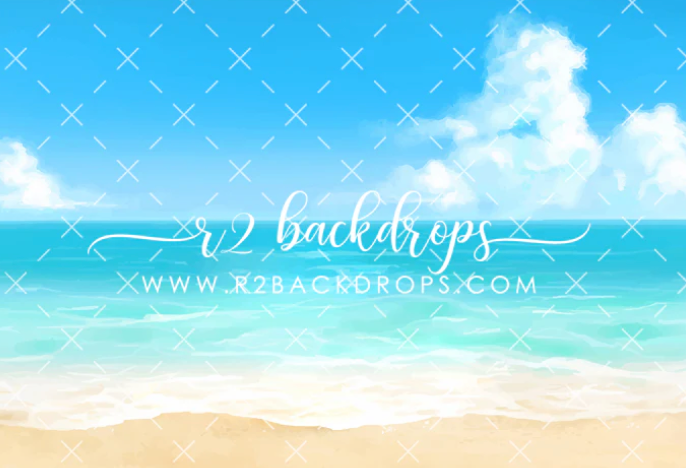 Panoramic tropical beach backdrop with bright blue sky, white sand, and turquoise ocean waters.