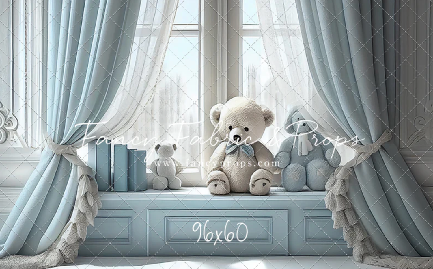 Soft blue nursery window seat with teddy bears and decorative pillows features elegant drapes and cozy ambiance.