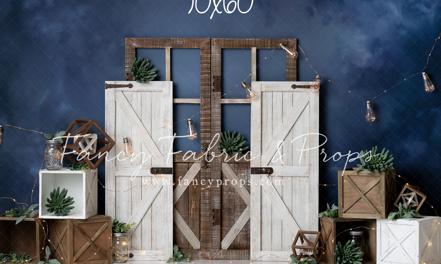 A rustic barn door installation shows multiple white sliding doors against dark wood paneling with green plants.
