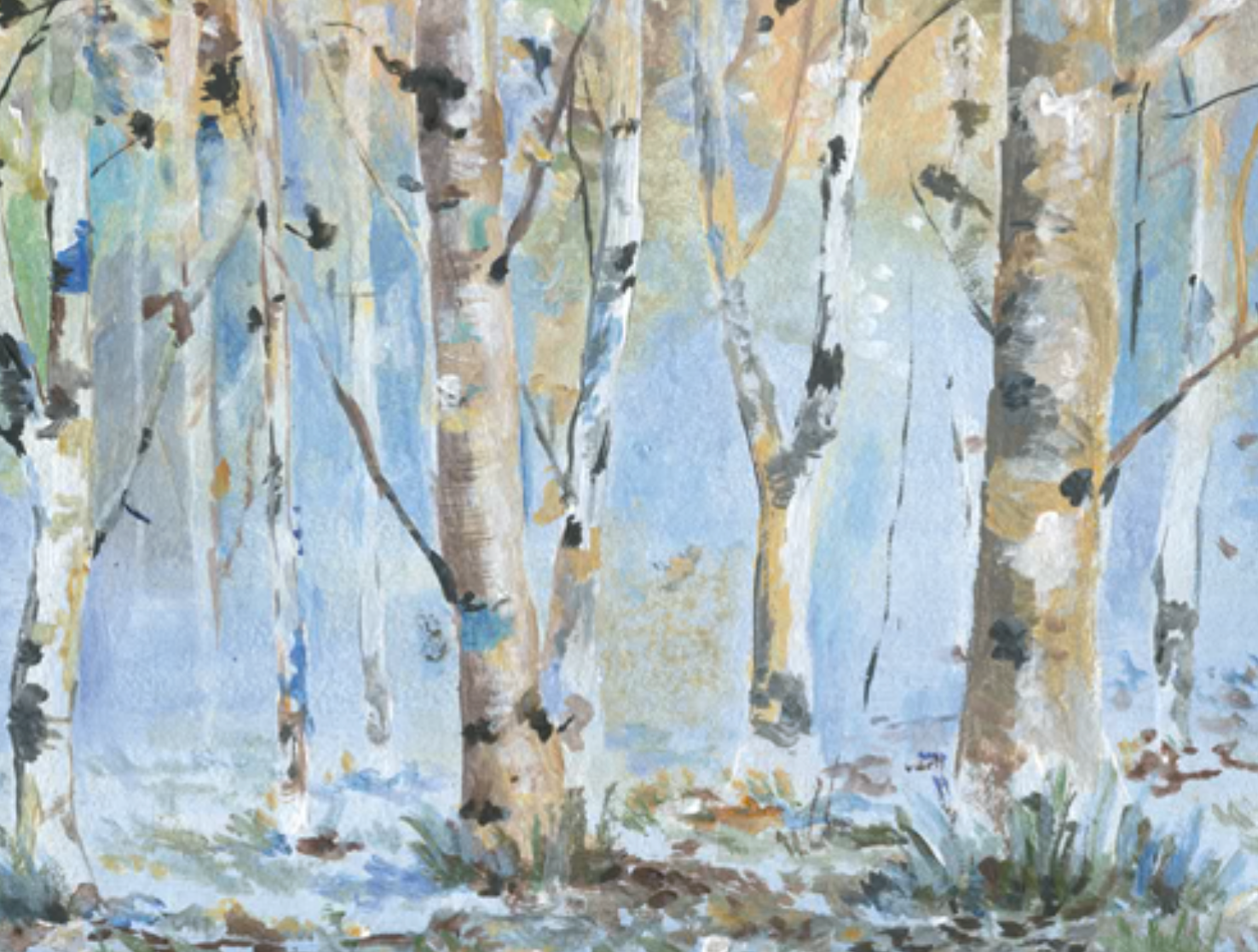 Watercolor painting of white birch trees in a winter forest with pale blue sky and snow covered ground.