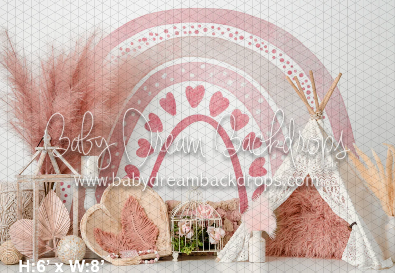 A pink and white decorative arch with heart patterns creates a romantic tunnel-like passageway in a garden setting.