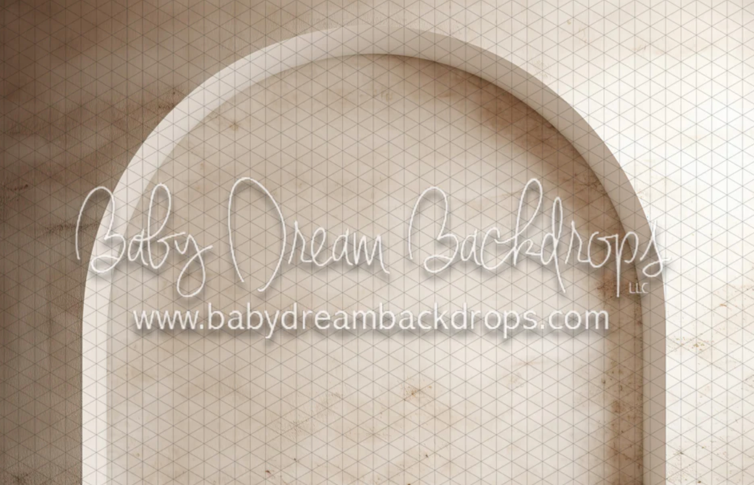 A neutral beige textured wall with an arched doorway and a watermark for babydreambackdrops.com.
