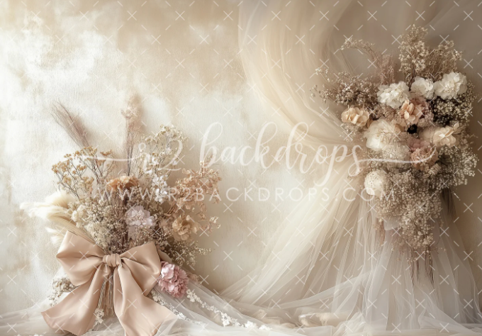 Romantic soft pink and white floral backdrop with delicate rose petals and ethereal lighting for wedding photography.