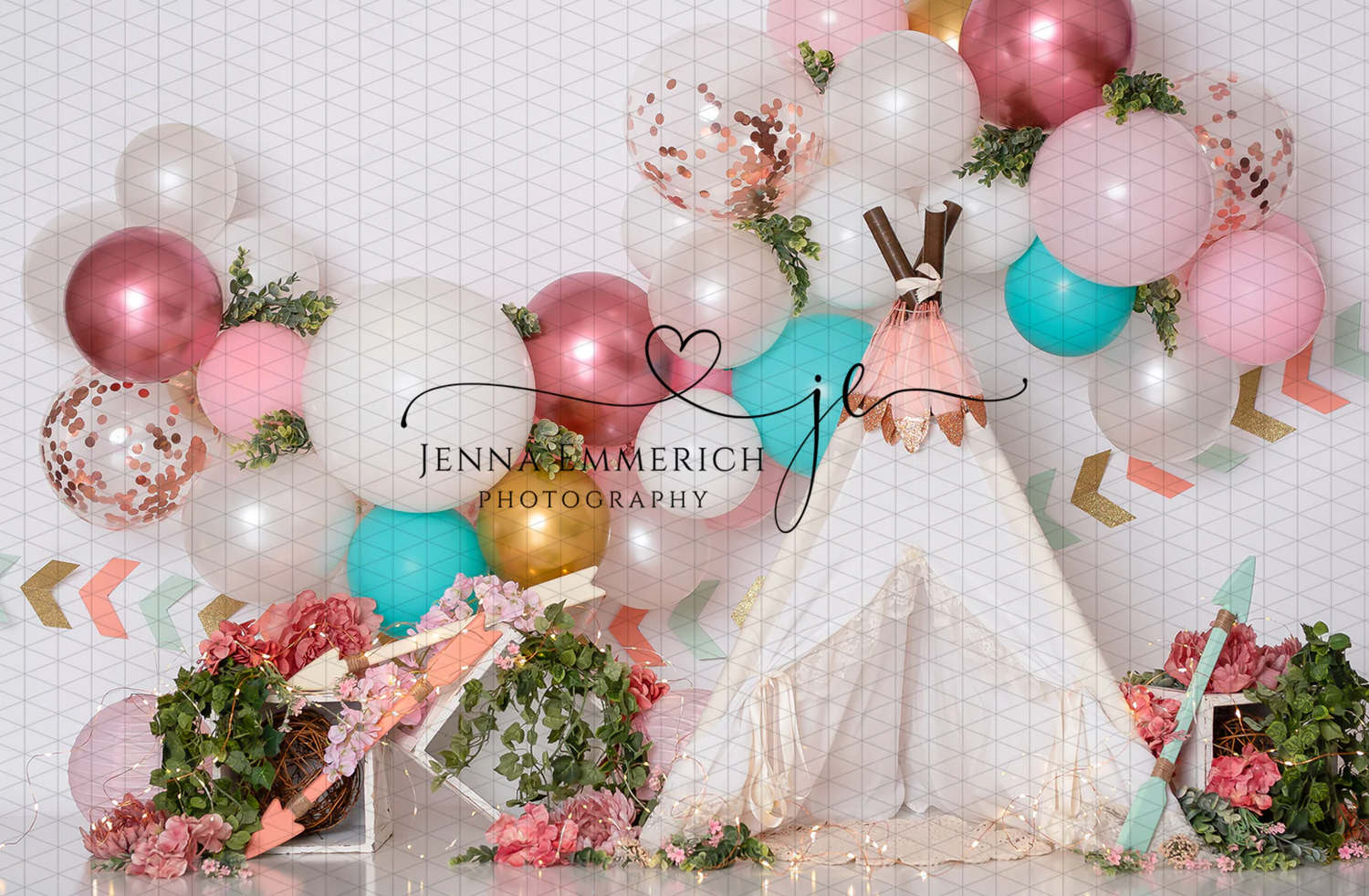 Pastel Christmas ornaments and decorations in pink, turquoise, and gold create a whimsical holiday display.