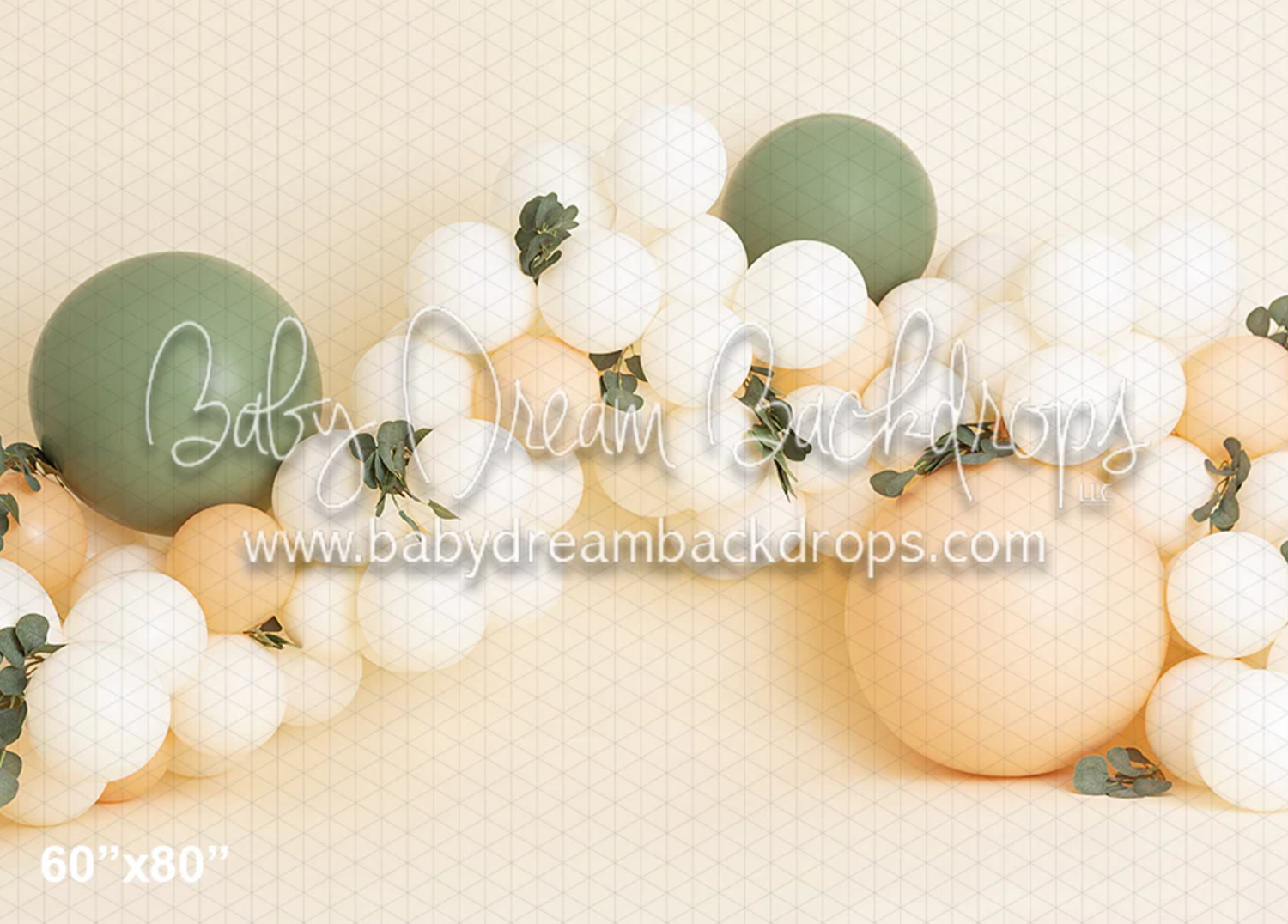 Soft pastel backdrop with sage green balloons and peach-colored eggs arranged in a decorative pattern.