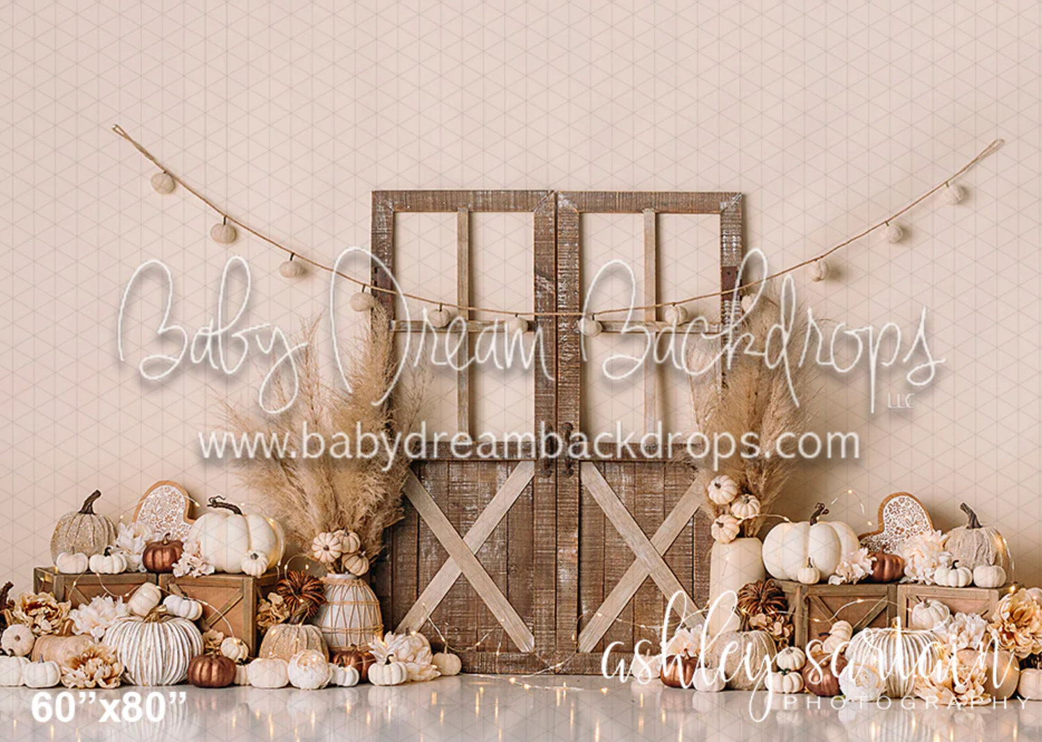 Rustic farmhouse style photography backdrop with wooden panels, white pumpkins, and string lights in warm sepia tones.