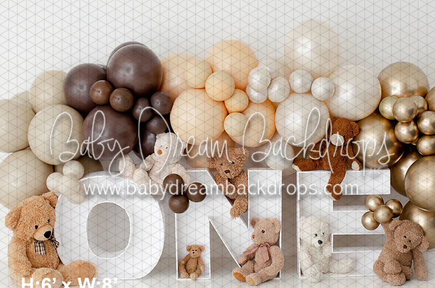 Neutral colored balloon arch with teddy bears and 'ONE' text decoration for first birthday party setup.