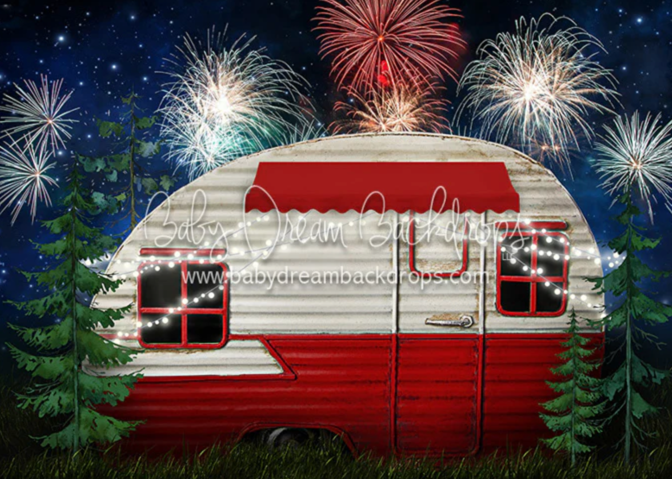 A vintage red and white striped camper trailer sits under fireworks in a starry night sky with pine trees silhouetted.