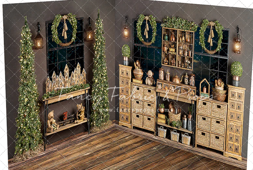 Rustic holiday storage room with wooden cabinets, green wreaths, and glowing decorative lights against dark walls.