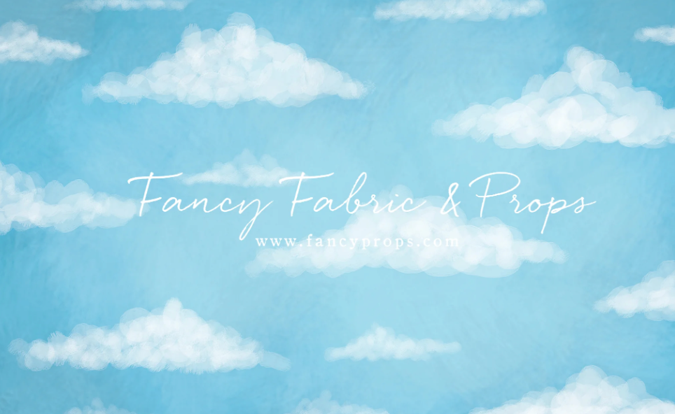 A repeating pattern of fluffy white clouds against a bright blue sky with fancy fonts and props text overlay.