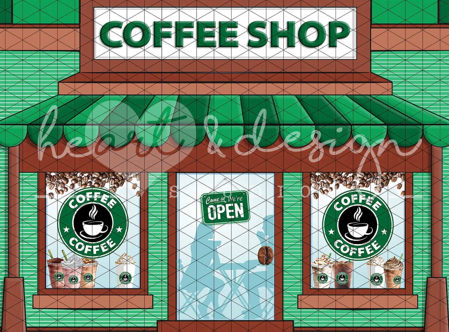 Illustration of a charming green coffee shop storefront with large windows, an open sign, and decorative coffee cup logos.