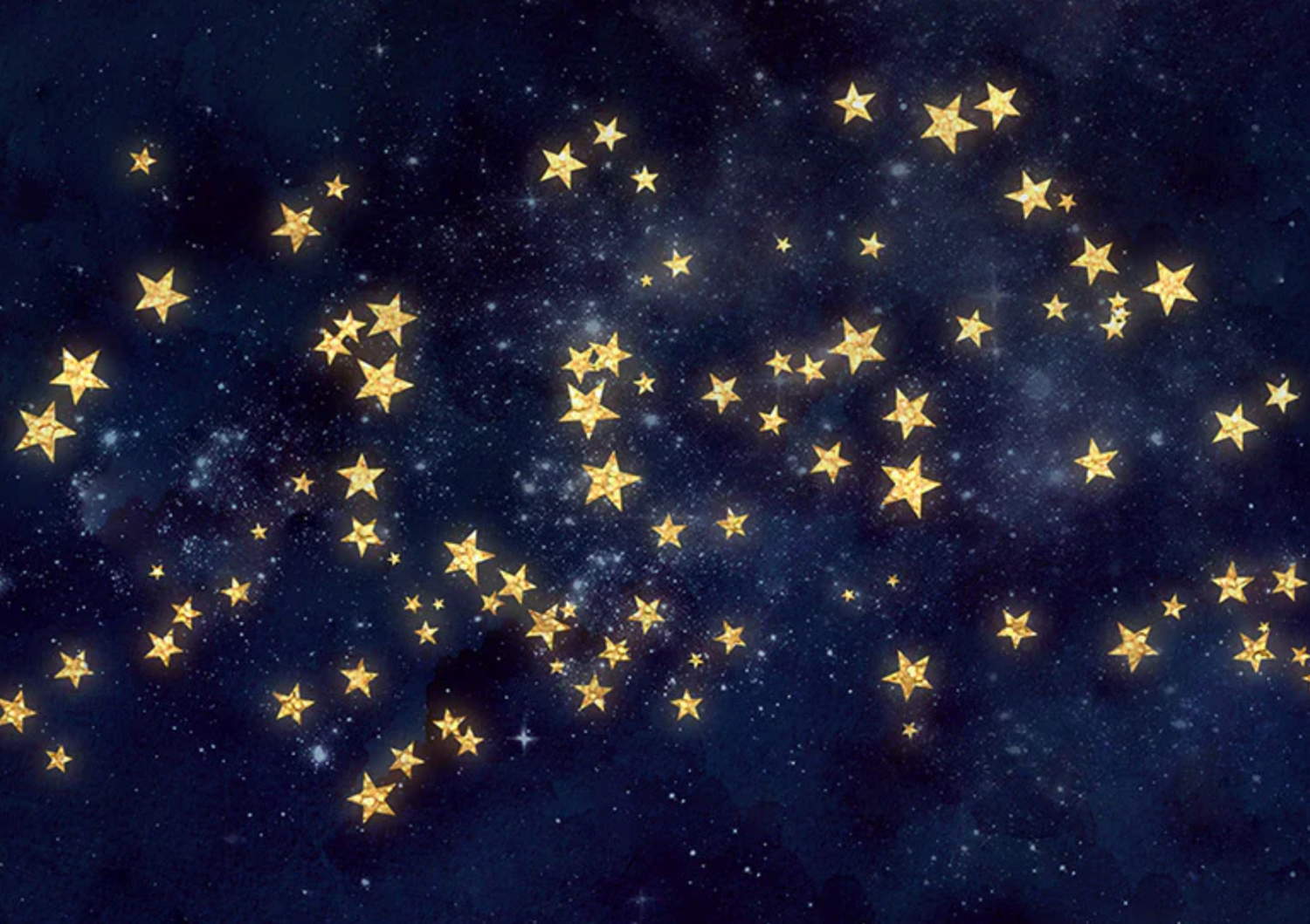 A panoramic view of golden stars scattered across a deep blue night sky creating a magical celestial pattern.