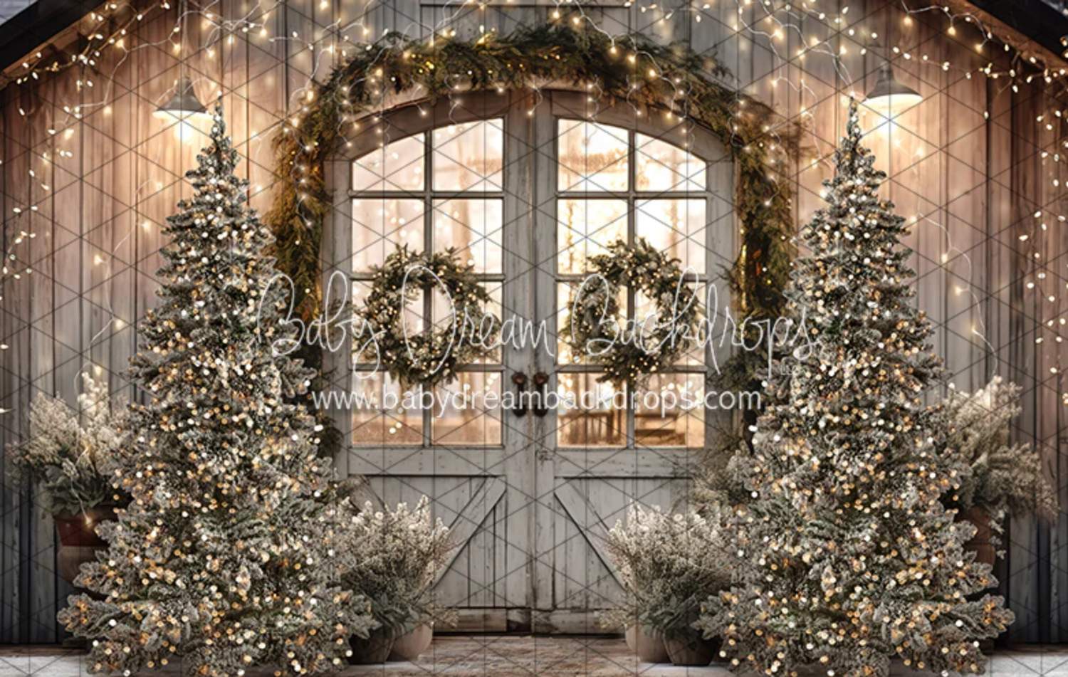 A magical winter wedding venue with illuminated Christmas trees and twinkling lights creating a romantic atmosphere.
