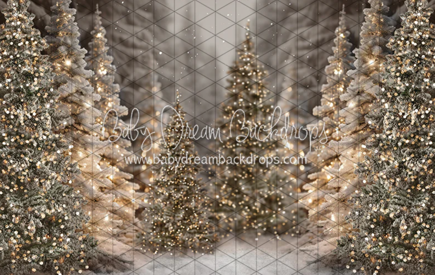 A snowy winter forest path illuminated by warm glowing Christmas lights creating a magical atmosphere.
