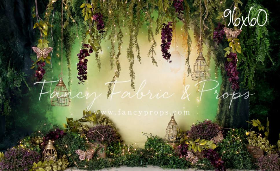 Enchanting forest scene with glowing lights, hanging vines, and purple flowers creating a magical fairytale atmosphere.