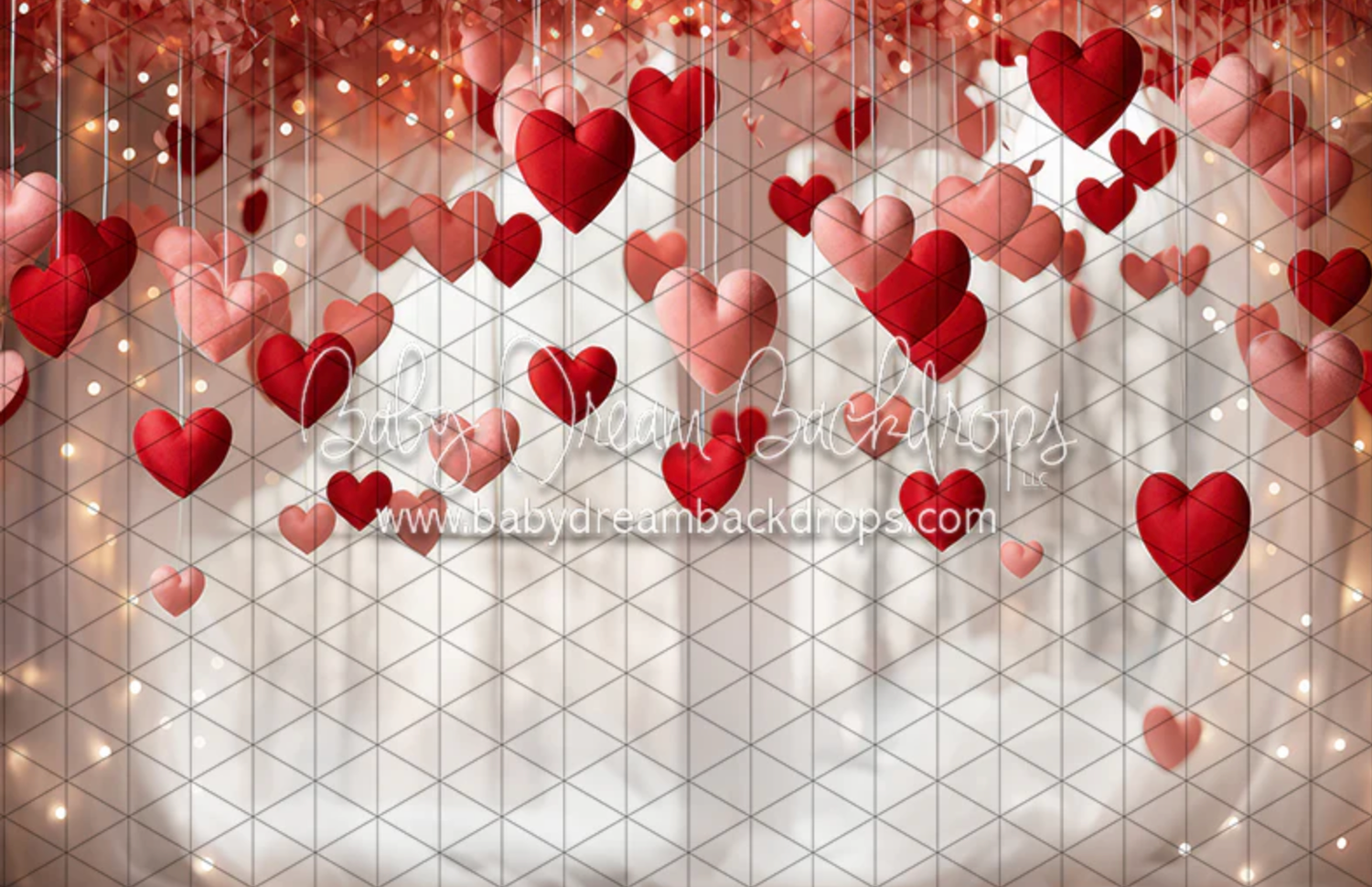 Red heart shapes float against a geometric grey and white background with a romantic Valentine's Day theme.