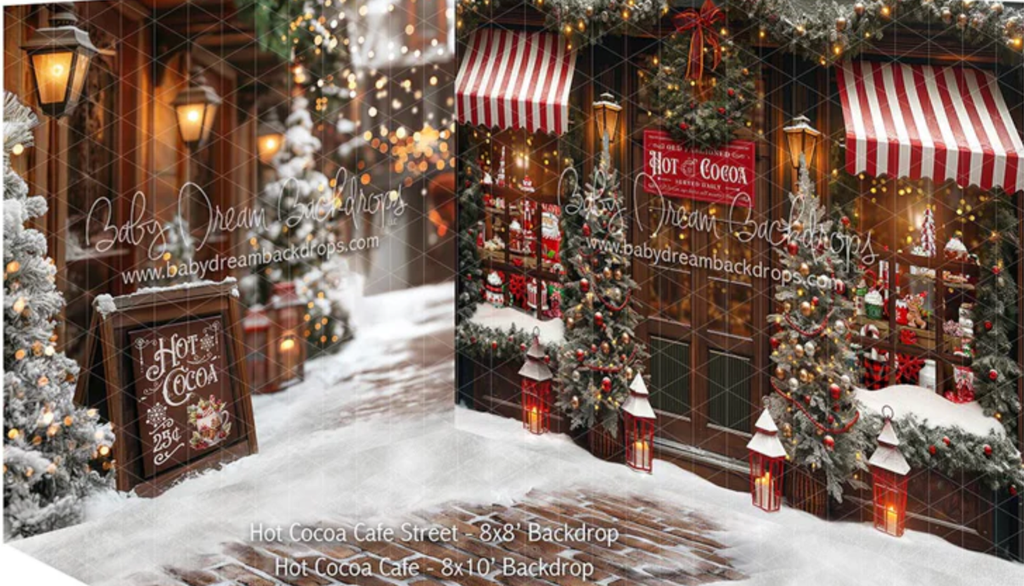 A snowy storefront decorated for Christmas with red and white striped awnings and festive garlands.