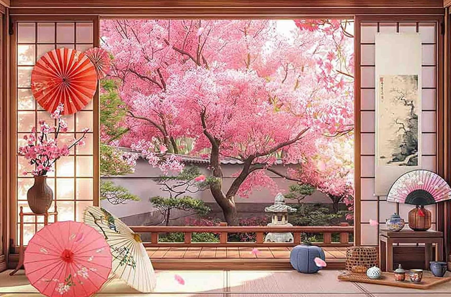 Traditional Japanese room with sliding doors overlooking a blooming cherry blossom tree and decorative paper umbrellas.