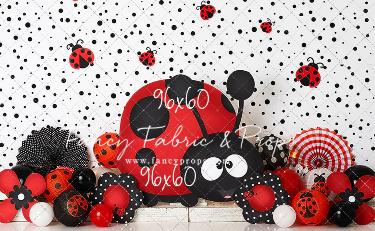 Decorative border pattern with red ladybugs, black and white dots, and Mickey Mouse inspired elements.