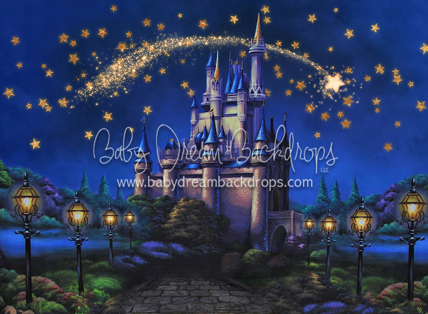 A magical castle silhouette at night with glowing lanterns and twinkling stars in a dreamy fantasy landscape.
