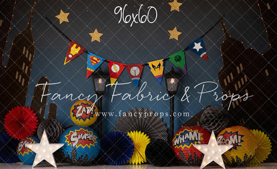 Colorful banner with gold stars and party decorations featuring festive bunting flags against a dark background.